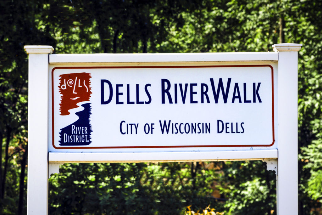 Riverwalk sign in the city of Dells in Wisconsin