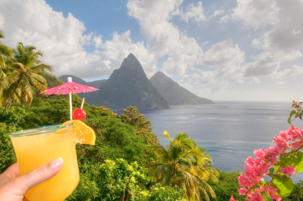 St. Lucia's Twin Pitons and tropical cocktail