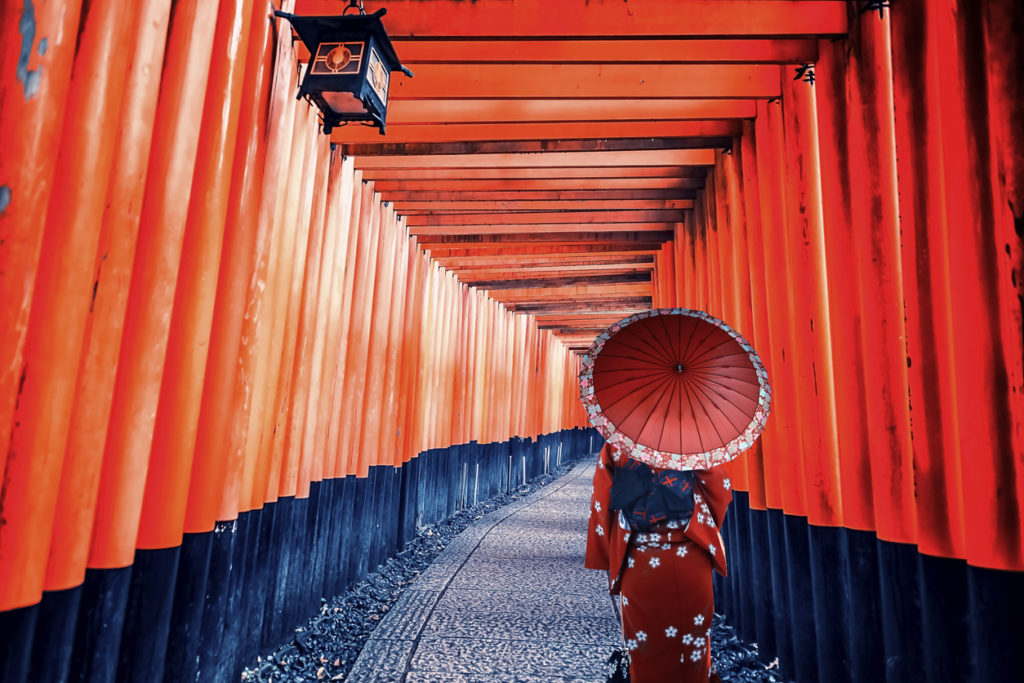 Traditional dress in Fushimi Inari Taisha shrine in Kyoto