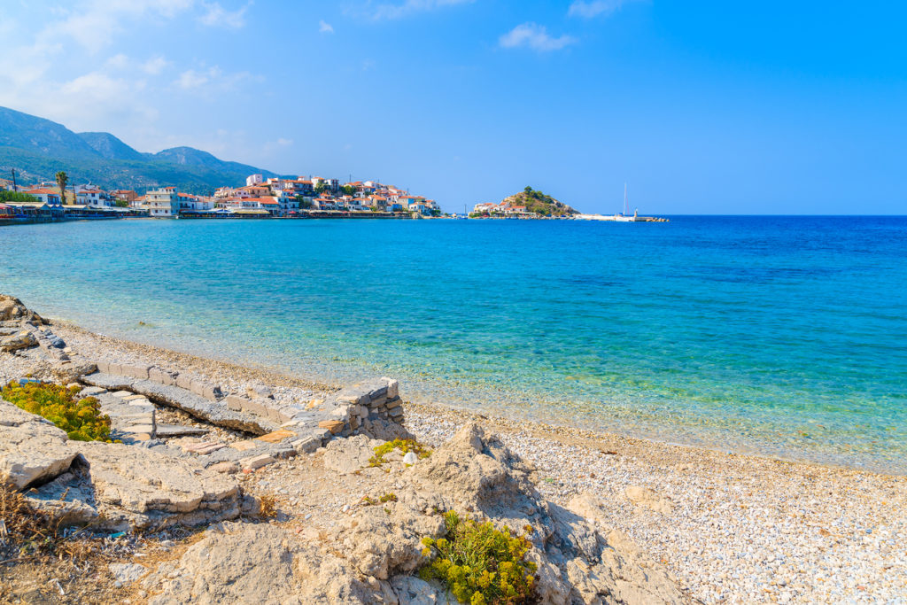 Beautiful beach in Kokkari town, Samos island