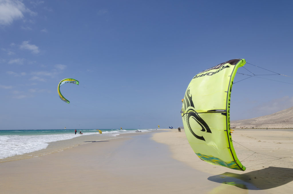 Kites in the sky above Sotavento beach, Fuereventura