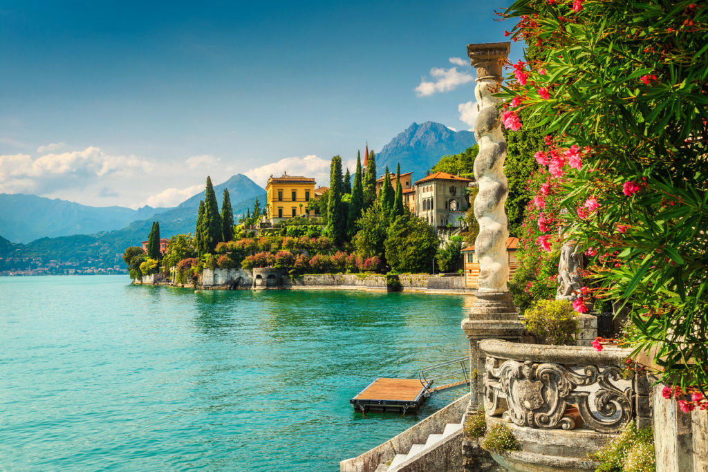 Oleander flowers and villa Monastero in background, lake Como