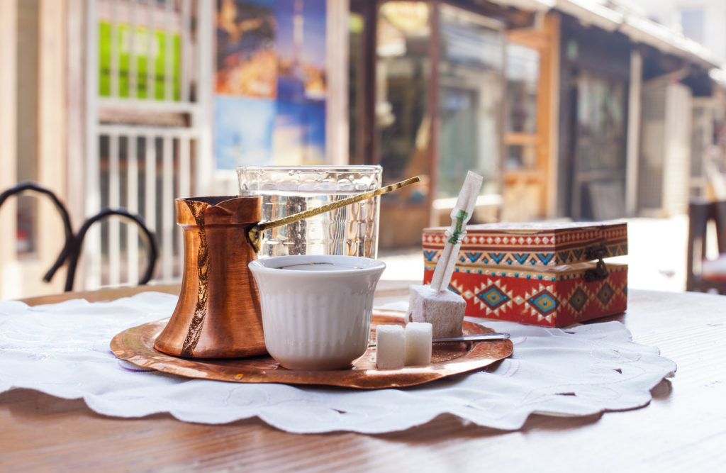 Traditional bosnian coffee served with traditional delights in a coffee house