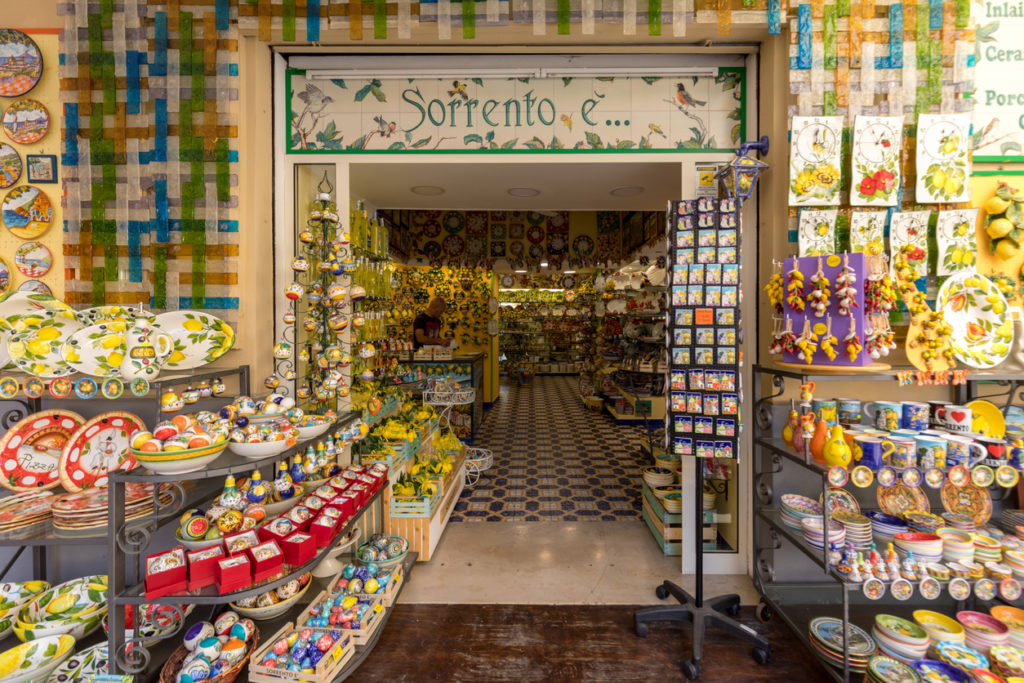 Hand Painted Plates and other ceramic souvenirs a market in Sorrento