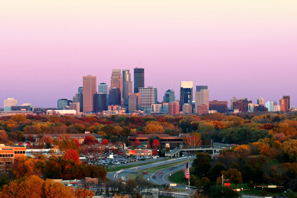 Minneapolis Skyline during Fall at Sunset from Plymouth, Minnesota