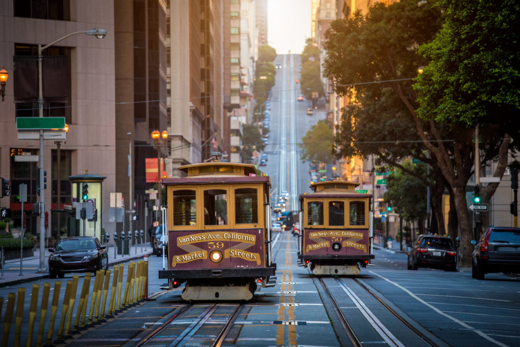 San Francisco Cable Cars on California Street at sunrise