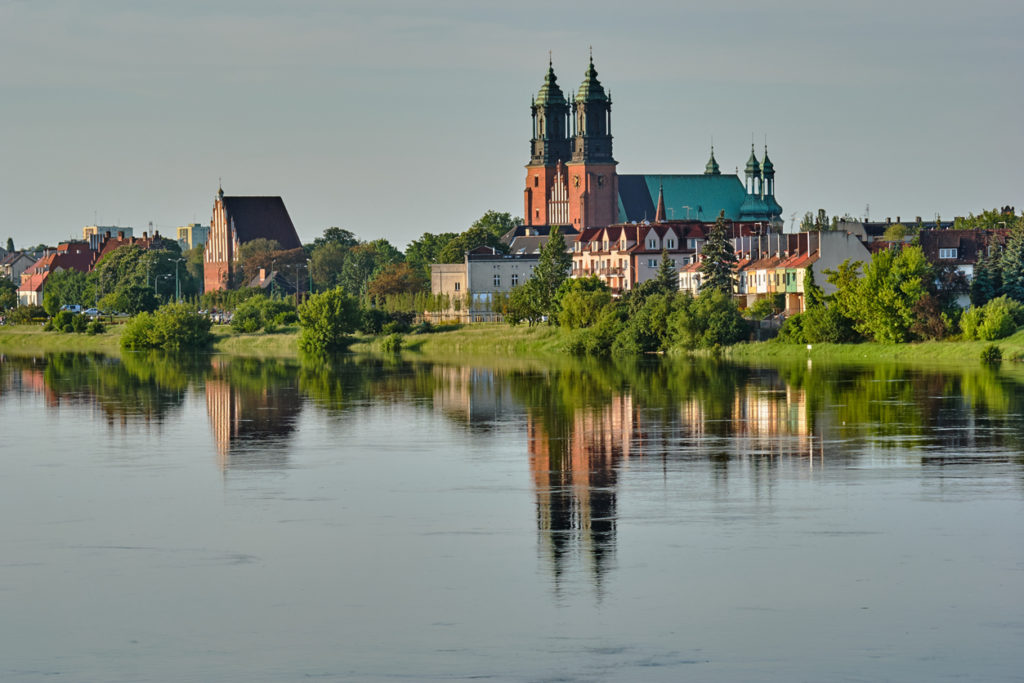 Warta River and a cathedral in Poznan
