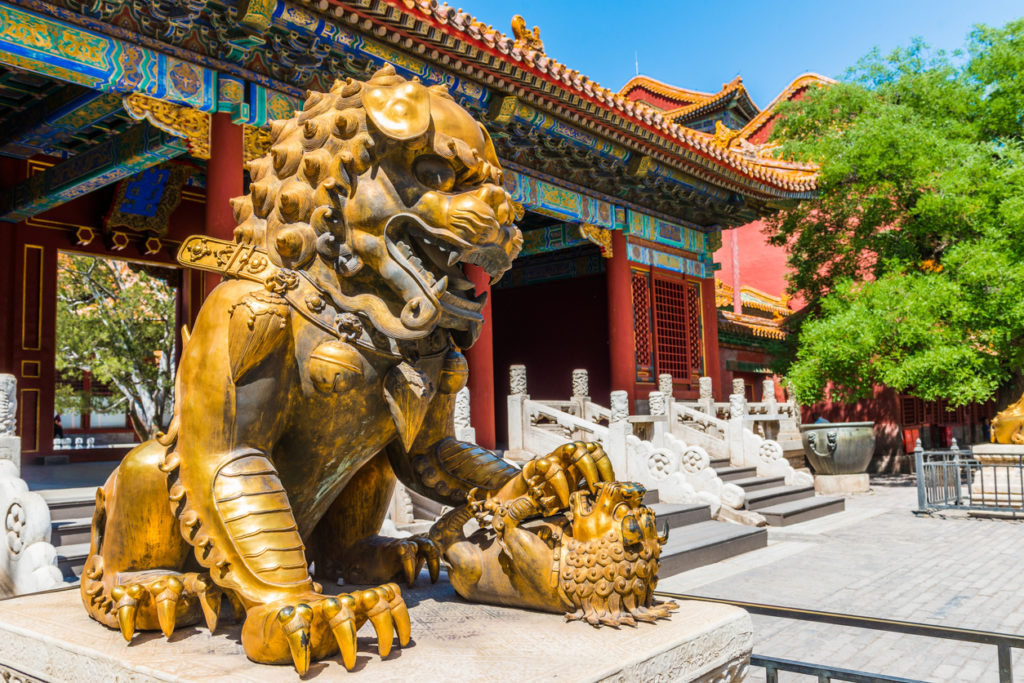 Bronze lion in the Hall of Supreme Harmony in Forbidden City