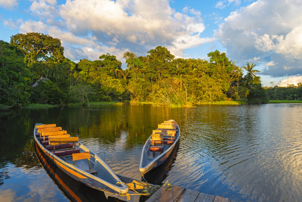 Canoeing in the Amzon River bason inside the Yasuni National Park, Ecuador.