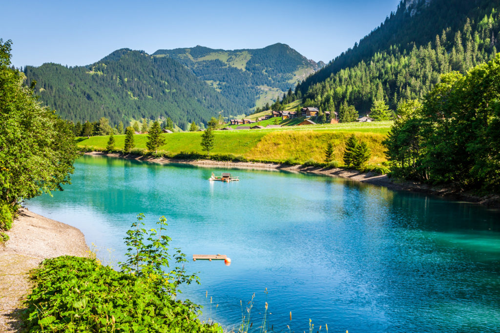 View of the mountain and lake in Malbun, Lichtenstein.