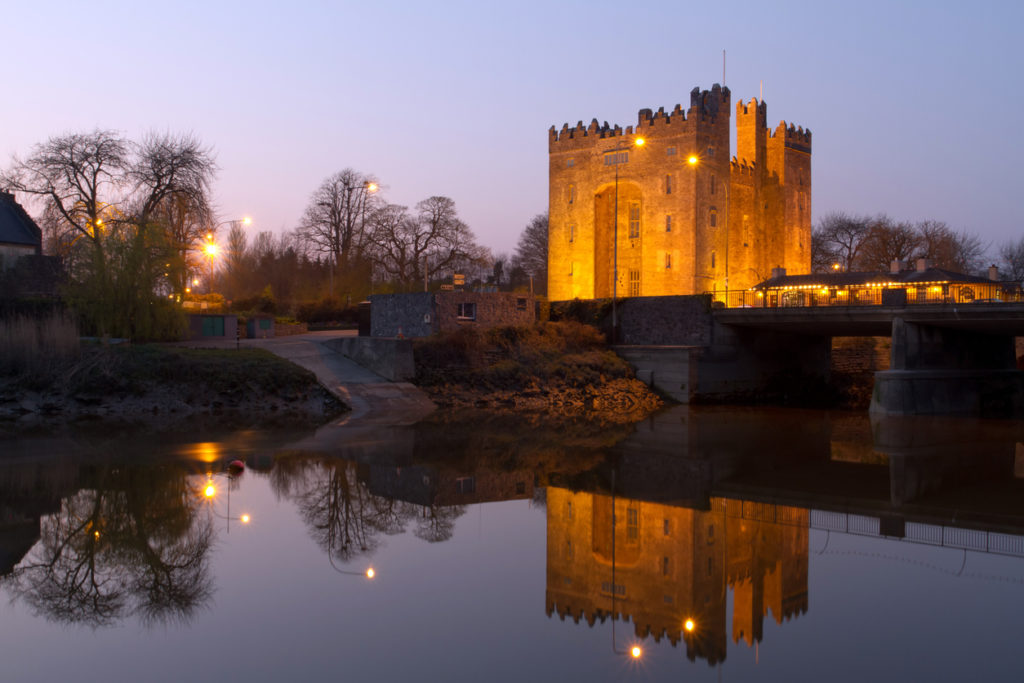Bunratty castle at dusk in County Clare, Ireland.