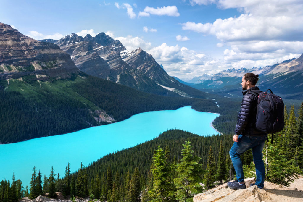 Hiker at Peyto Lake in Banff National Park, Alberta, Canada.