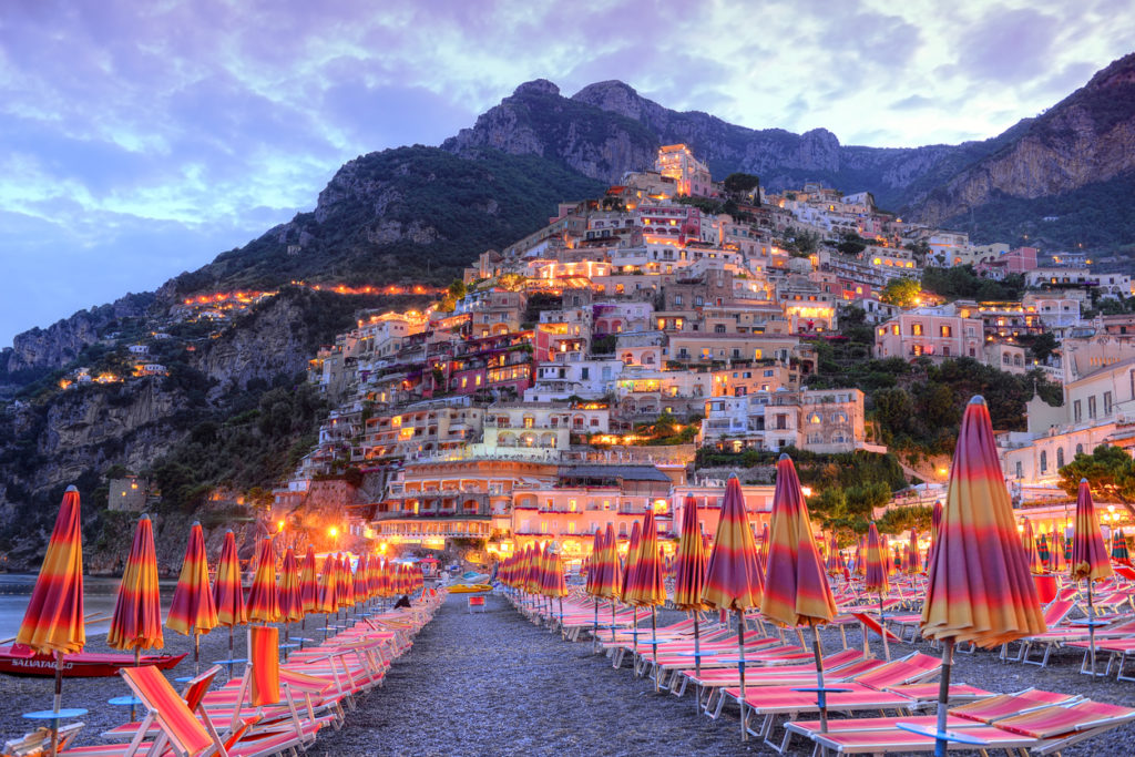 Positano resort at sunset, Amalfi coast, Italy.
