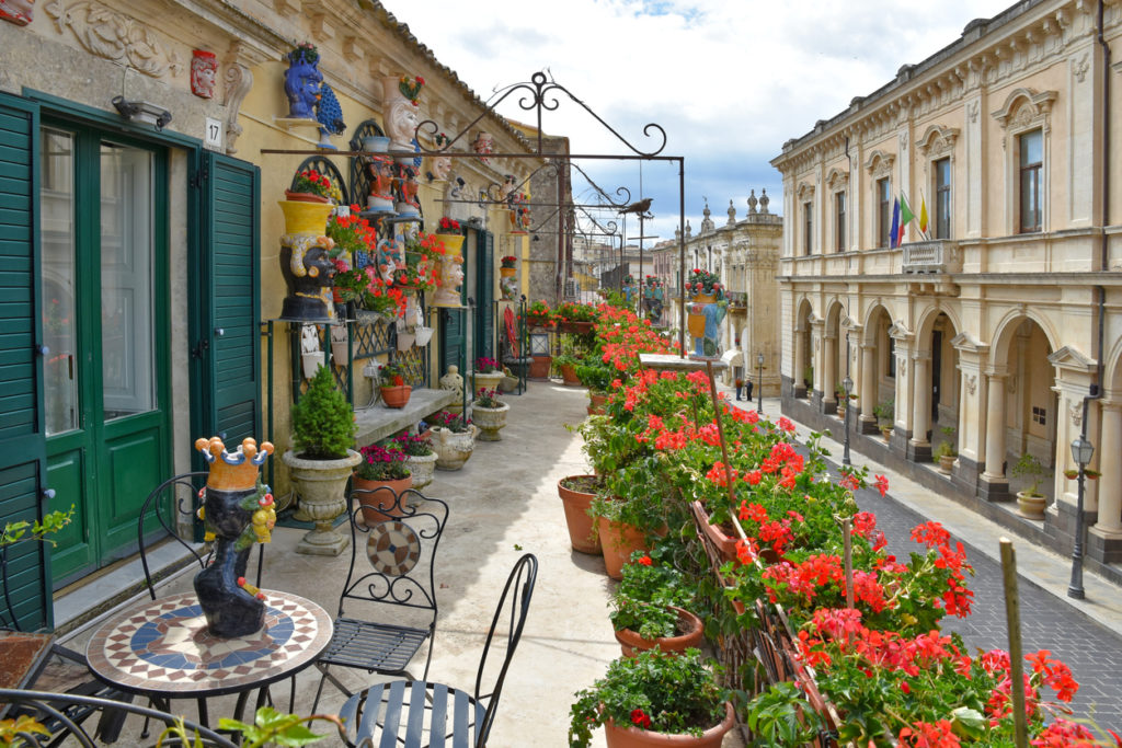 Terrace of an artistic ceramics shop in the town of Palazzolo Acredide, Syracuse.