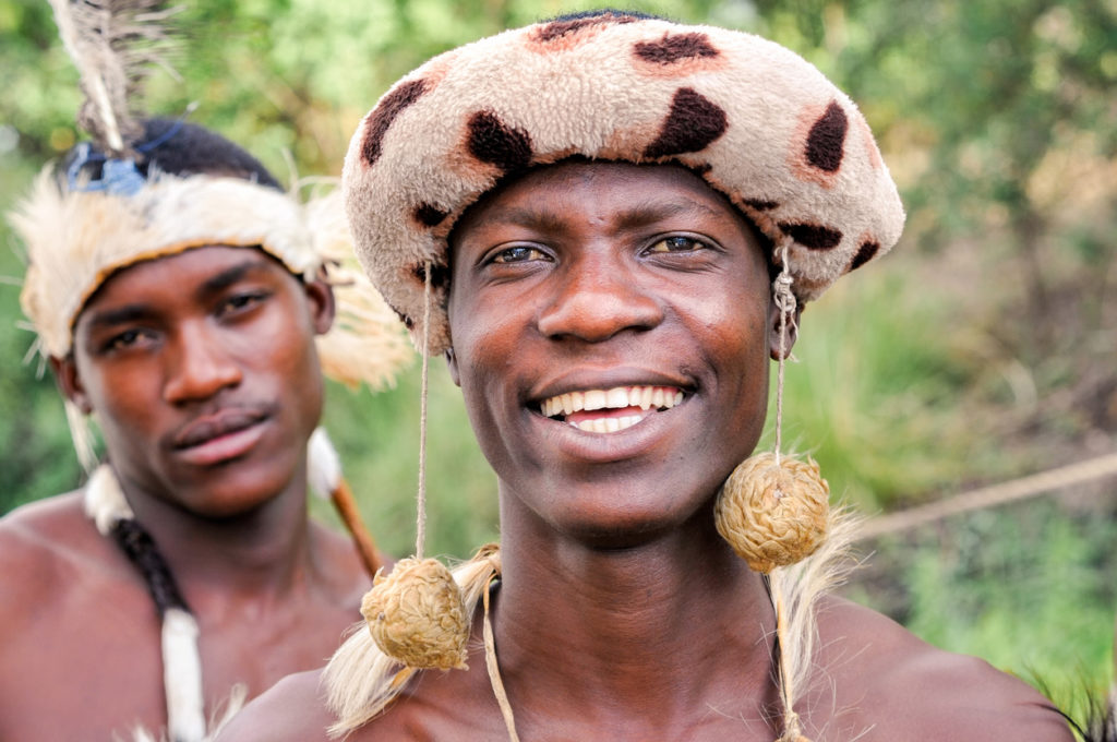 Two shanhaan tribal dancers at the Zambezi river near Victoria Falls.