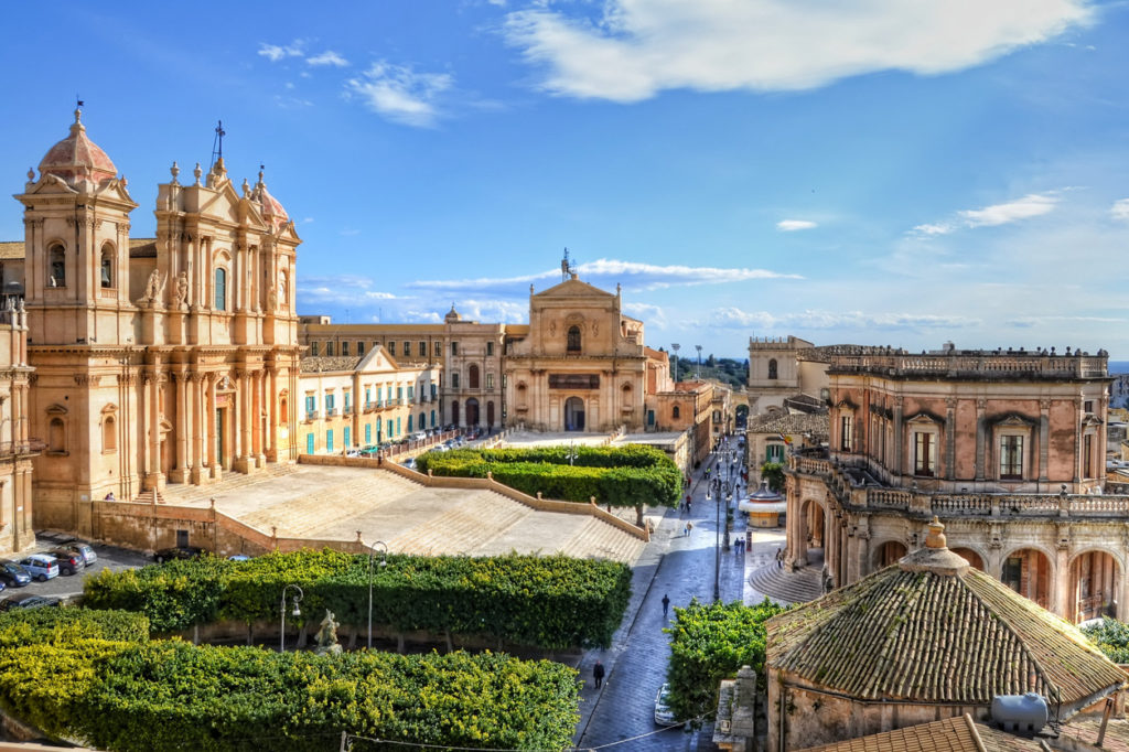 View of the main square of the old city Noto, Sicily.