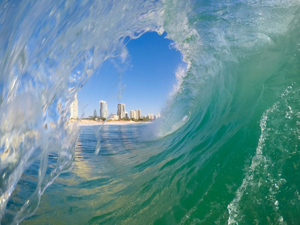 A wave breaking on the shoreline at Surfers paradise, Australia.