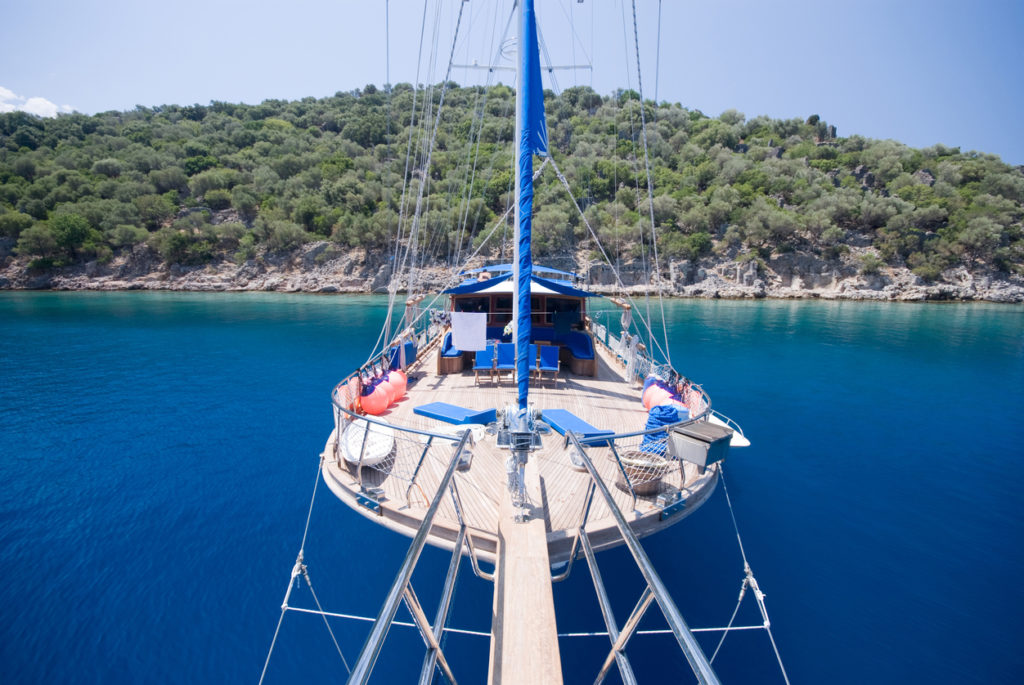 Gulet is anchored on the turquoise waters