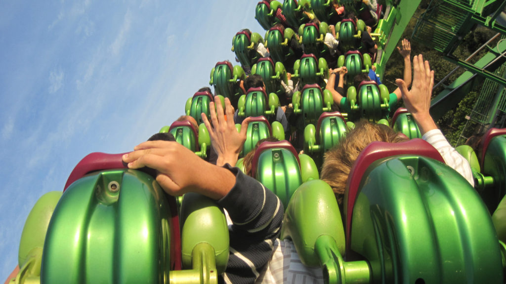 Passenger perspective on roller coaster.