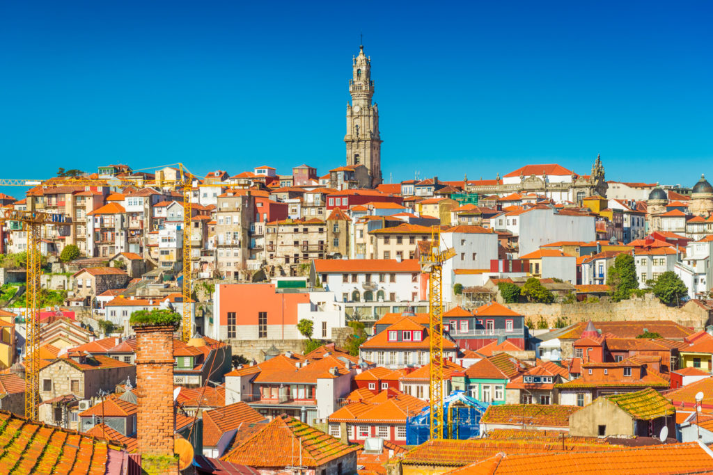 The Clérigos Tower amongst the old town of Porto.