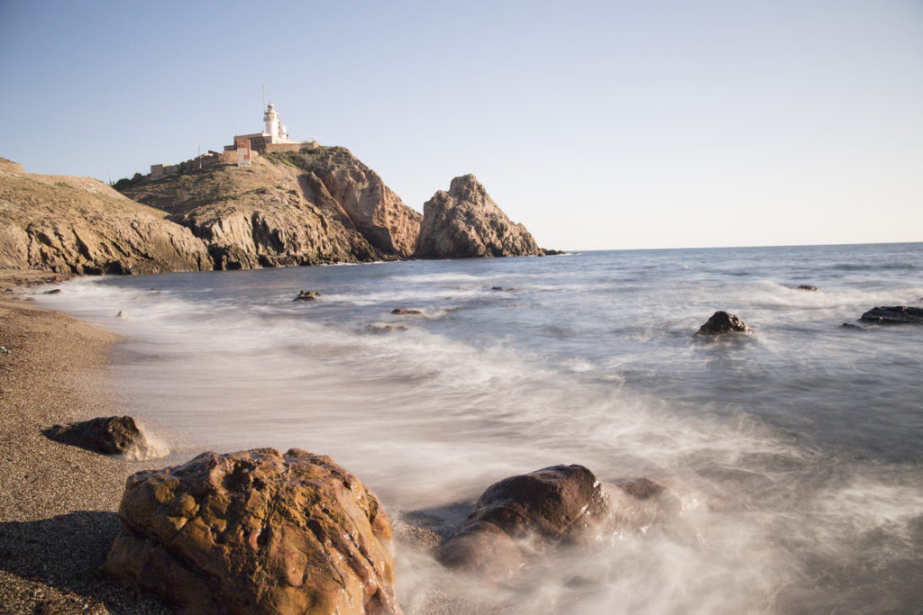 Volvanic coast near Cabo de Gata lighthouse, Almeria, Andalusia.