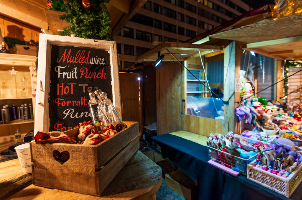 Mulled wine stall at a Christmas market in Budapest.