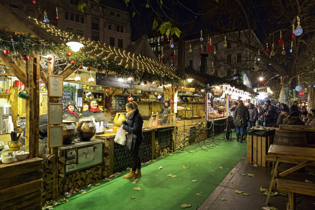 Vorosmarty Square Christmas Market food stalls.