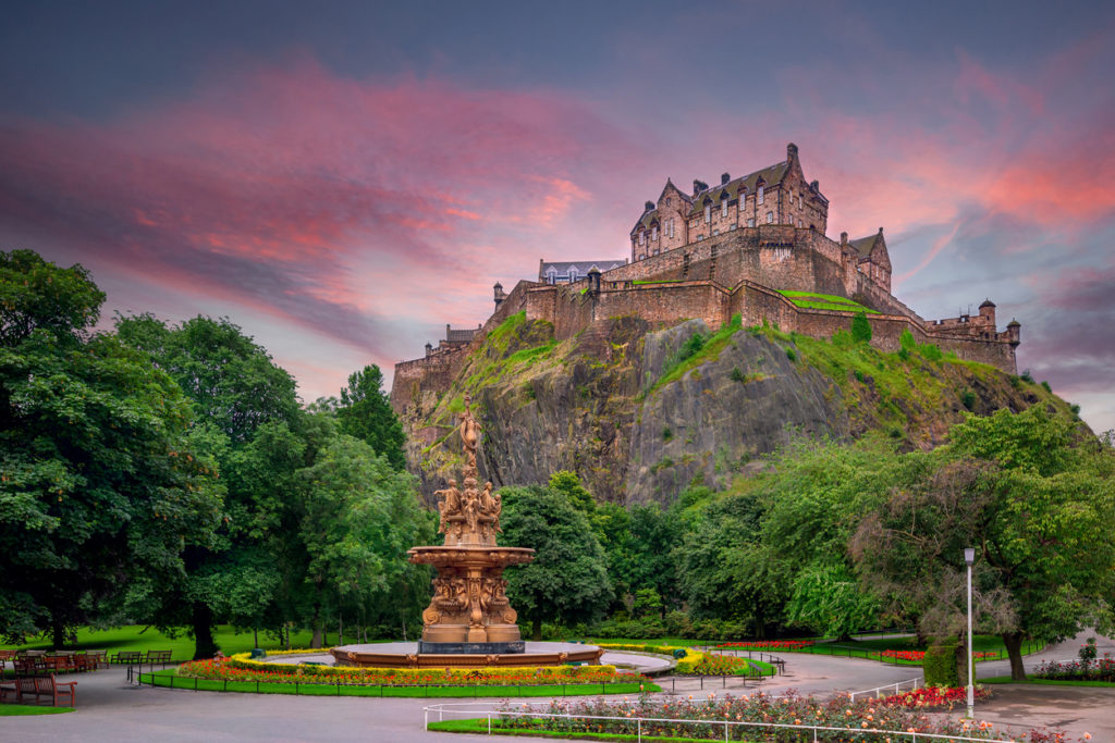 View of Edinburgh Castle from Princes Street Gardens with the Ross Fountain