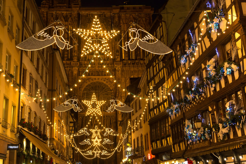 Christmas decorations in the centre of the city close to the cathedral, Strasbourg, France.
