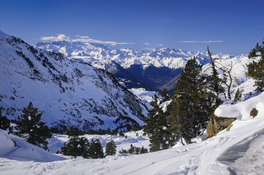 Views of Aran Valley and Aneto from Baqueira, The Pyrenees, Catalonia, Spain.