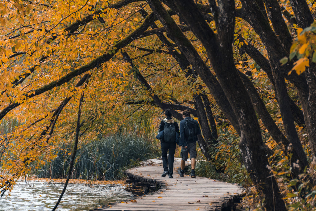 Hikers walking around the Plitvice lakes, croatia