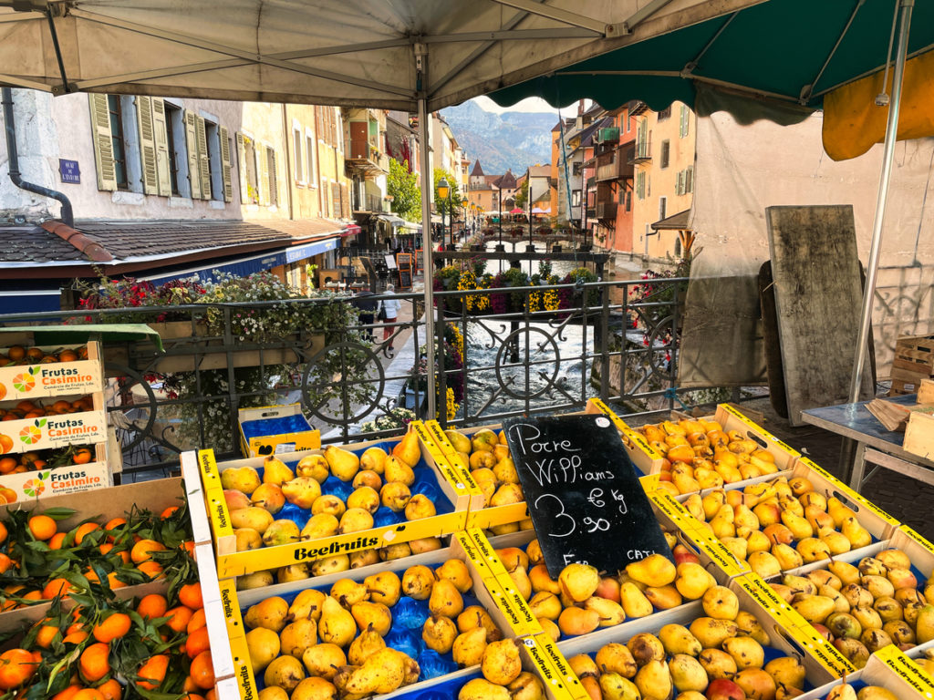 Farmers market and fresh fruit on river annecy