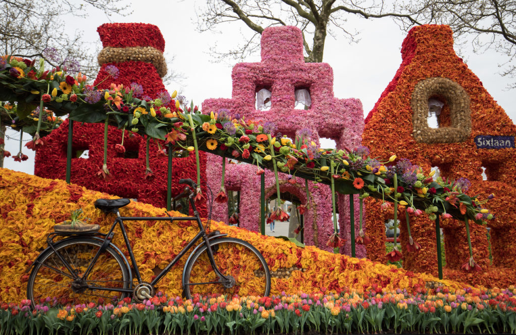 Flower float decorated with tulips and hyacinths during a traditional flower parade