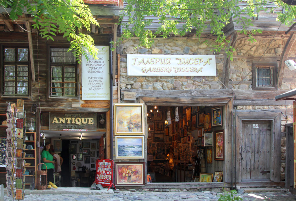 Sozopol cobbled street lined with shops