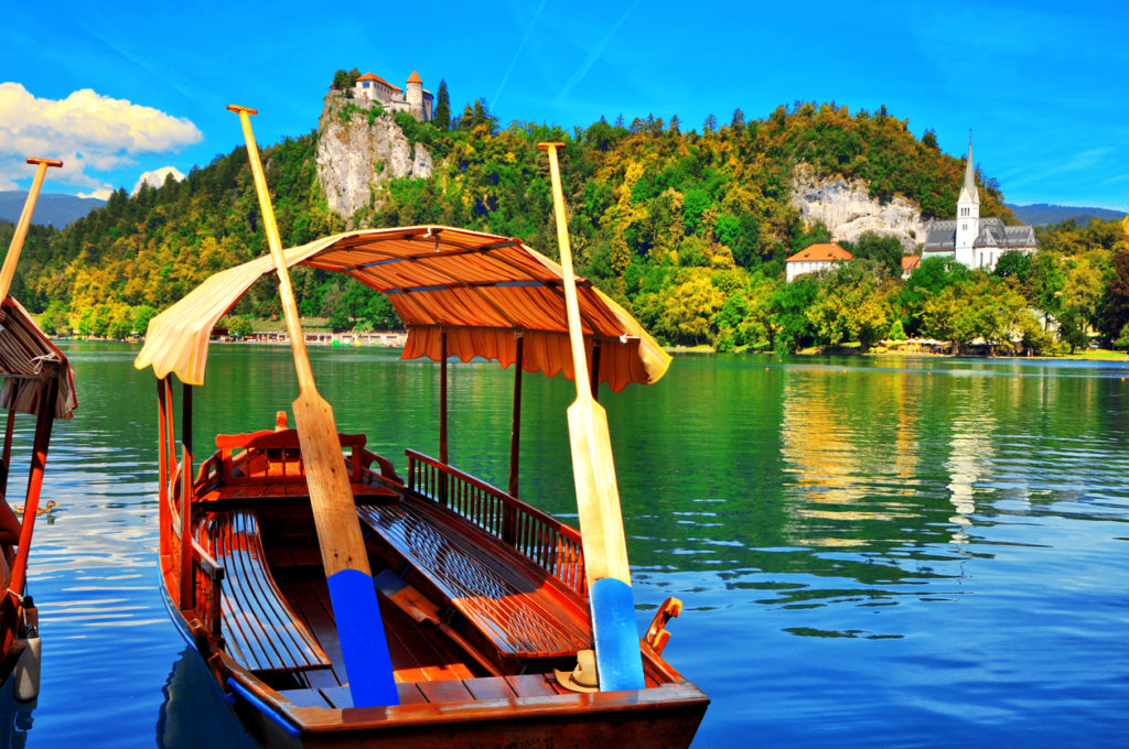 A traditional Pletna boat on Bled Lake