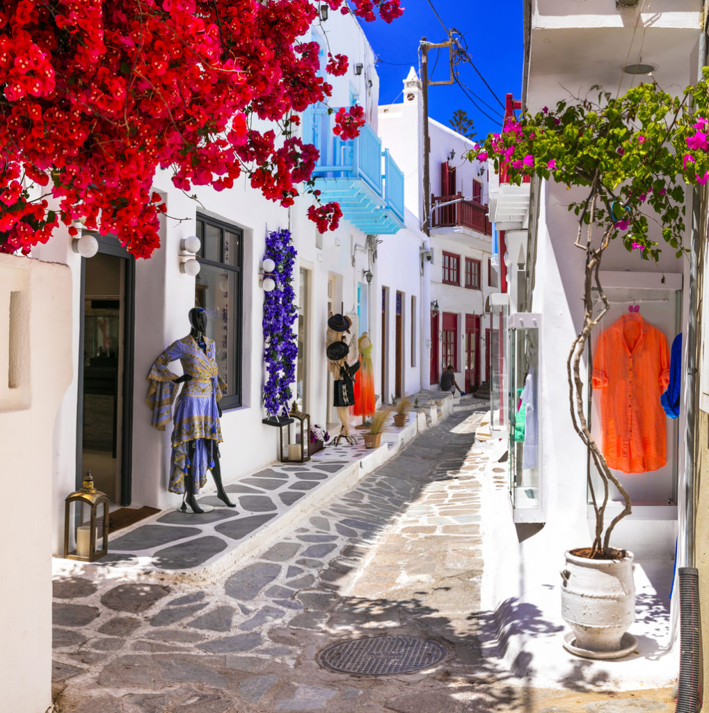 Charming colourful floral streets of Mykonos