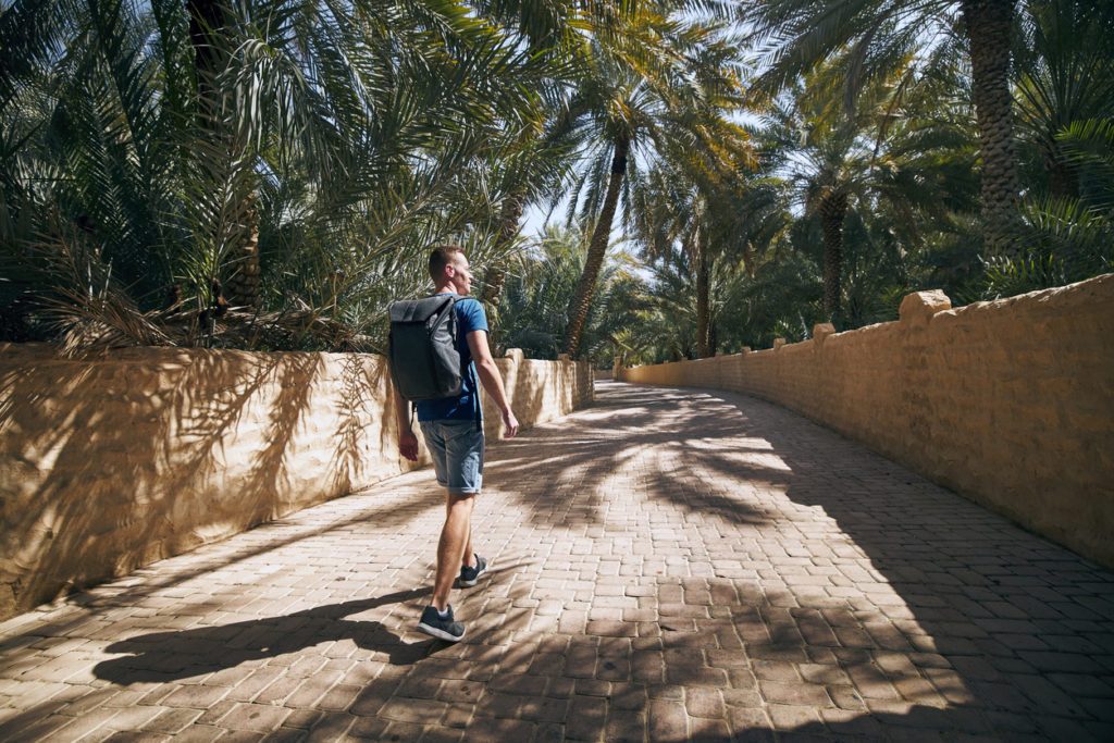Traveler at the desert oasis in Al Ain