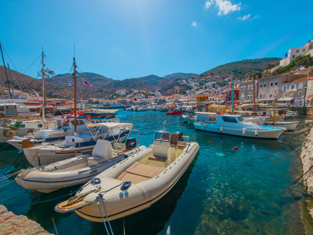 Boats moored in the picturesque port in Hydra
