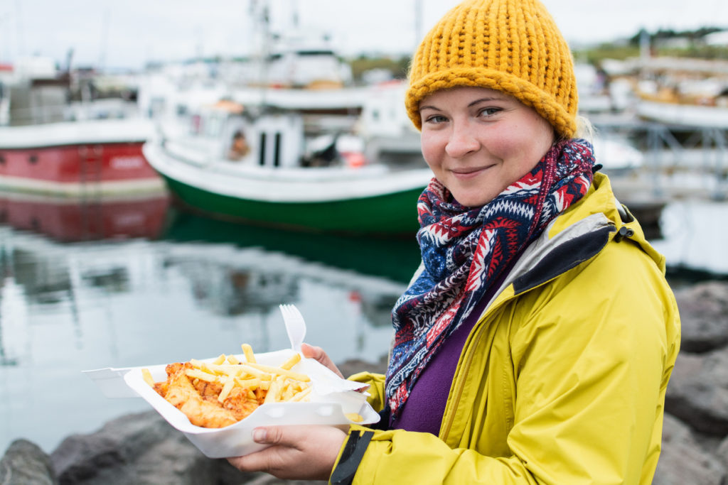 Enjoying fish and chips in Iceland