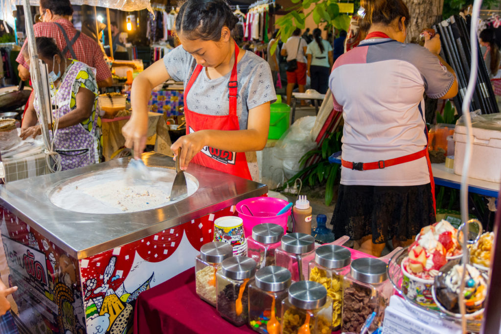 Fresh ice cream rolls at the night market in Koh Samui