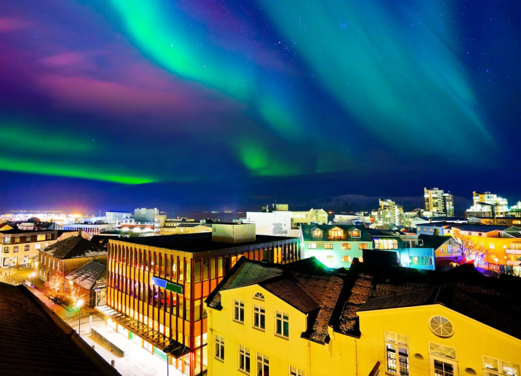 The northern lights over Reykjavik