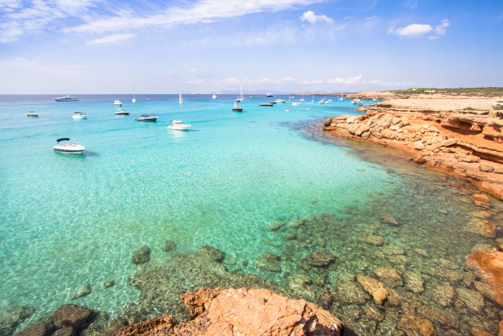 The turquoise waters of Cala Saona beach, Formentera Island