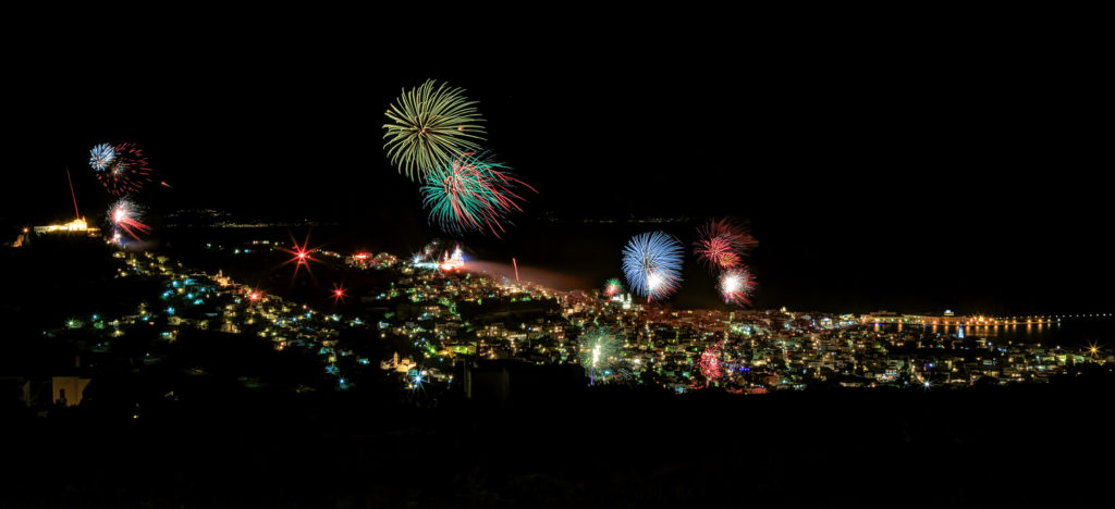 Towns of Ermoupolis and Ano Syros on the night of resurrection, Greek Easter