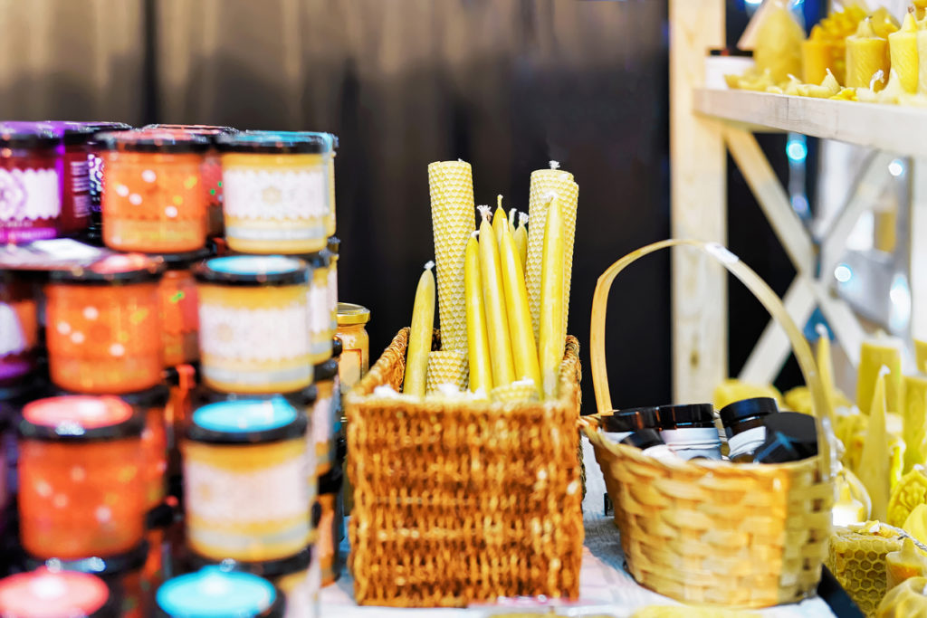 Handmade wax candles at a stall in Vilnius