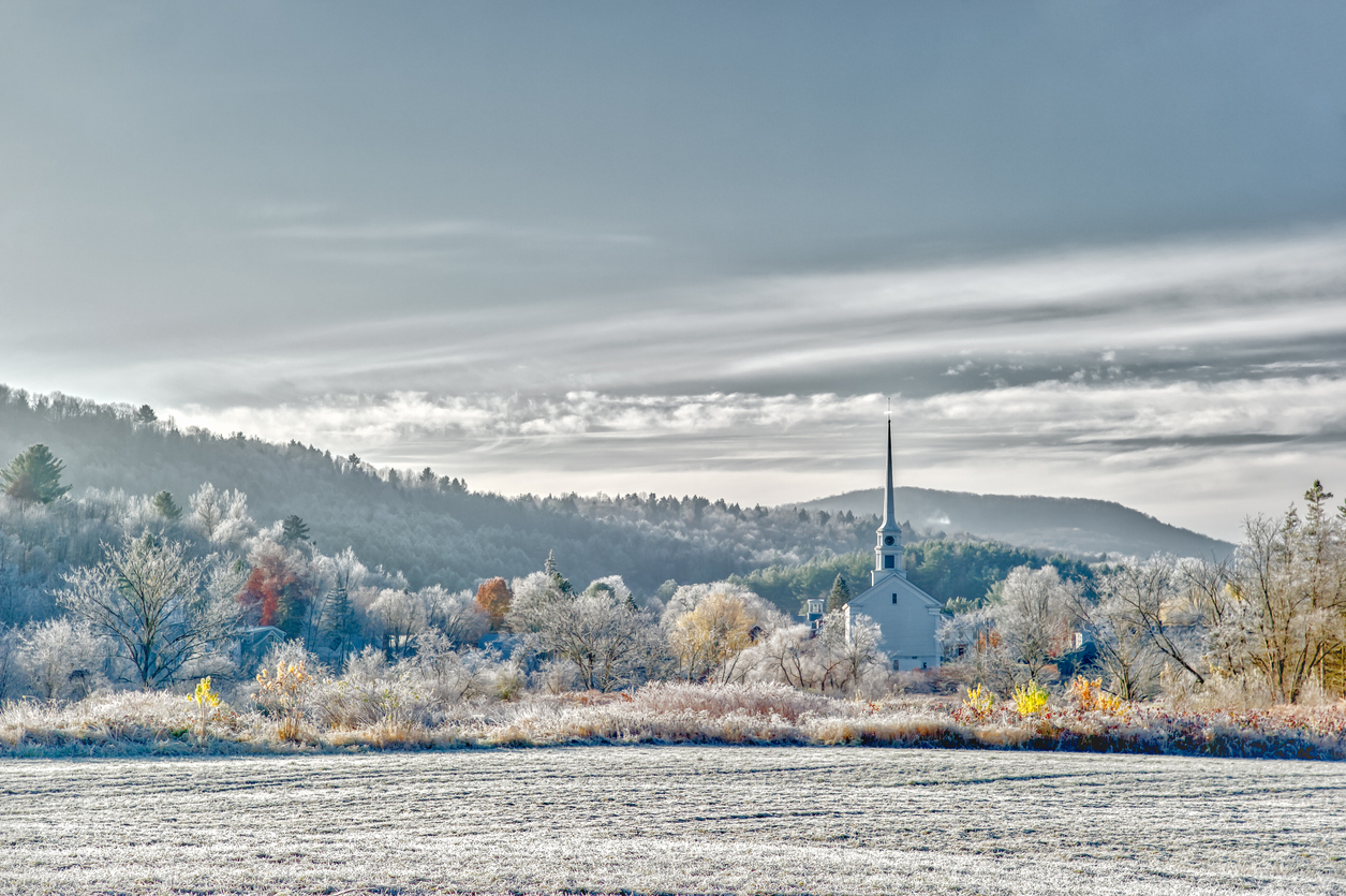 Stowe community church on a cold winter morning