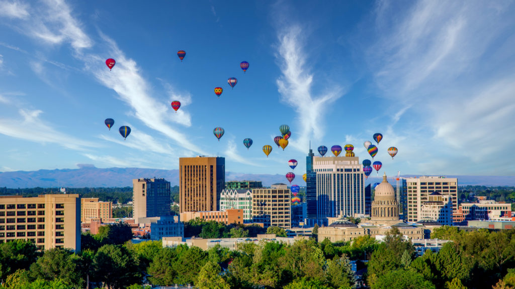 Boise city skyline with hot air balloons