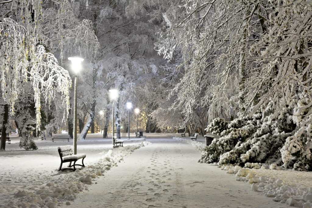 A snow covered city