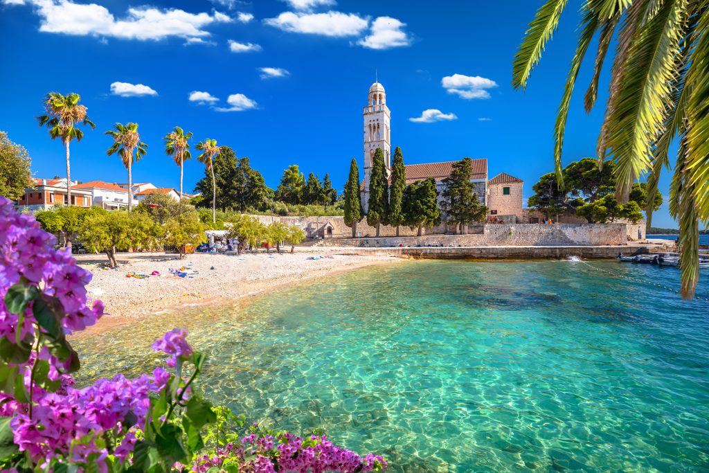 Franciscan-monastery-and-turquoise-beach-on-Hvar-island